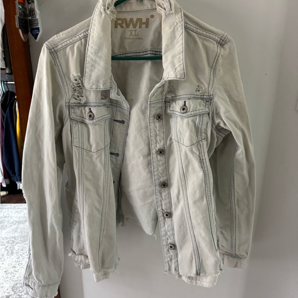 Women's Distressed White Denim Jacket